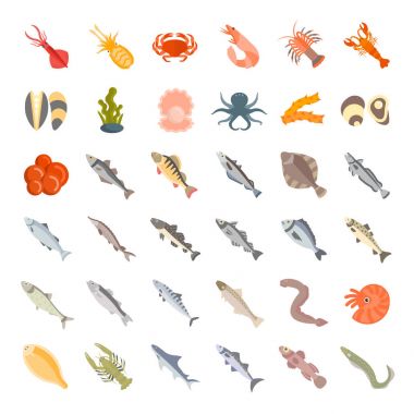 Deniz ürünleri vektör düz Icons set