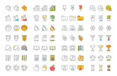 Set vektör düz çizgi simgeler okul