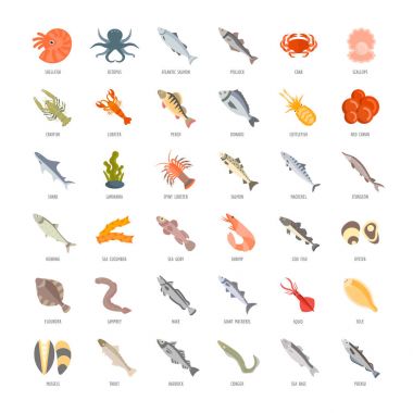 Deniz ürünleri vektör düz Icons set