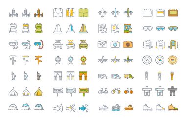 Set vektör düz çizgi simgeler seyahat ve macera