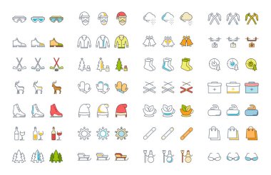 Vektör düz çizgi simgeler kış ayarla