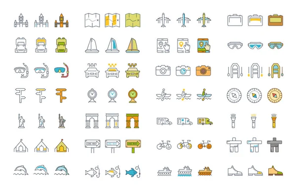 Set vektör düz çizgi simgeler seyahat ve macera