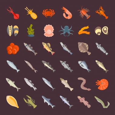 Deniz ürünleri vektör düz Icons set