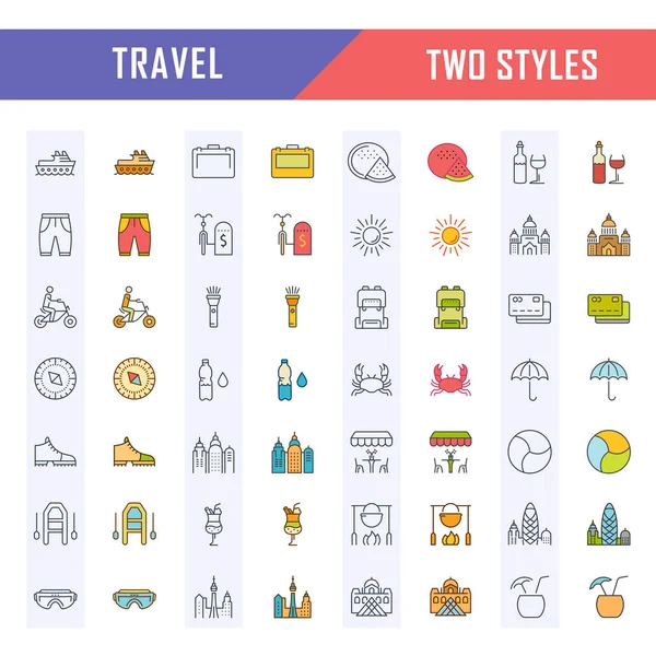 Set vektör düz çizgi simgeler seyahat ve macera