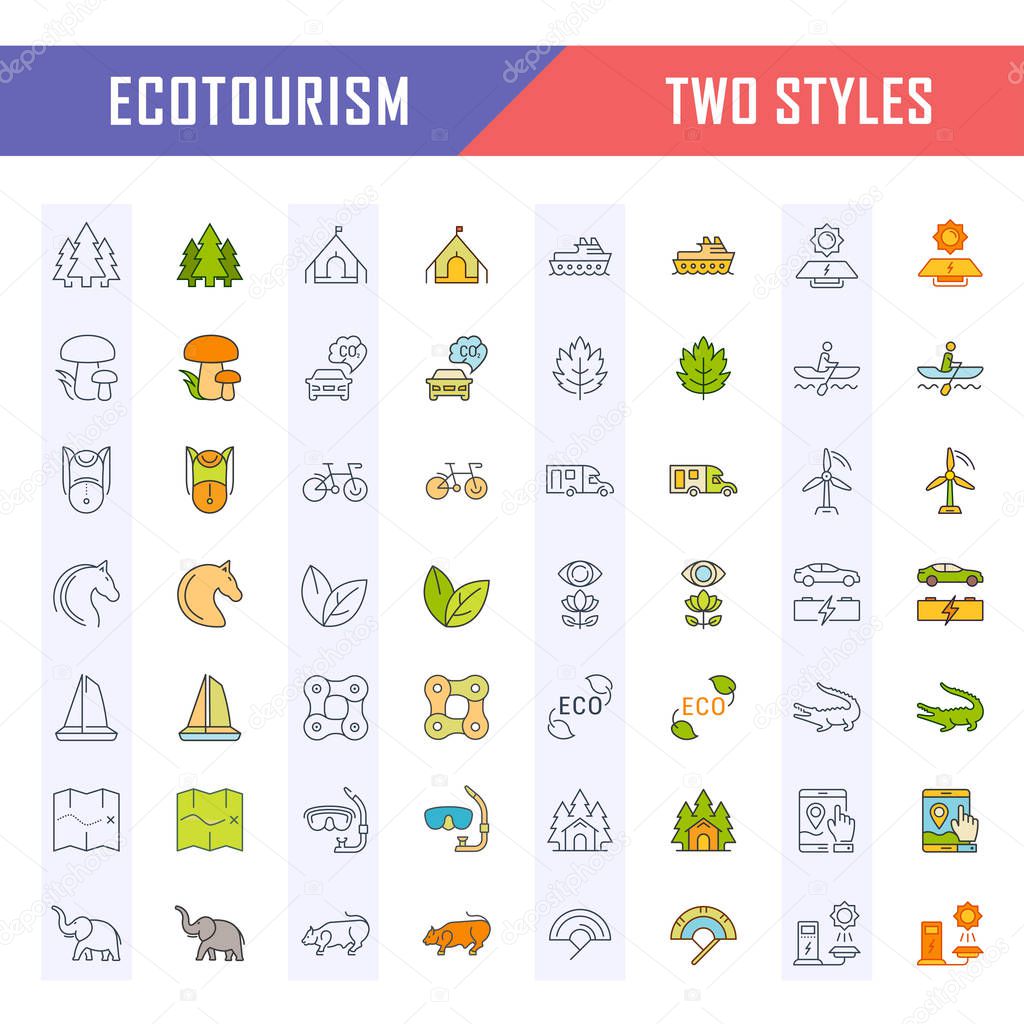 Set vector line icons in flat design eco, ecotourism and recycle with elements for mobile concepts and web apps. Collection modern infographic logo and pictogram.