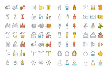 Alkollü içecekler vektör düz çizgi Icons set