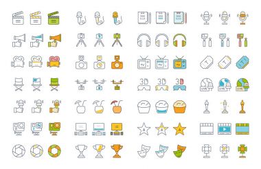 Set vektör düz çizgi simgeler sinema ve filmler