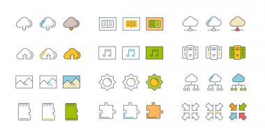 Vektör düz çizgi simgeler bulut servisi ayarla