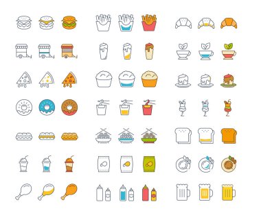 Vektör düz çizgi simgeler Fast Food ayarla