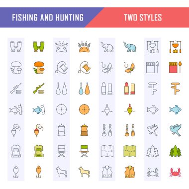 Balıkçılık ve avcılık vektör düz çizgi Icons set