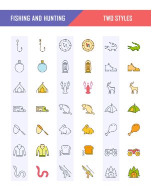 Balıkçılık ve avcılık vektör düz çizgi Icons set