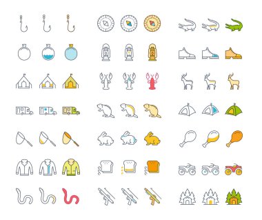 Mantar, balıkçılık ve avcılık vektör düz çizgi Icons set