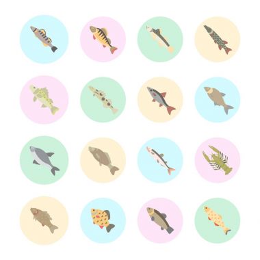Tatlı su balık vektör düz Icons set