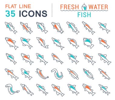 Tatlı su balık vektör hat Icons set