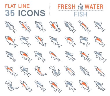 Tatlı su balık vektör hat Icons set