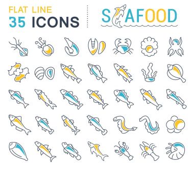 Deniz ürünleri vektör hat Icons set