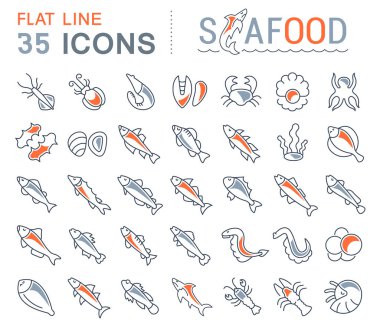Deniz ürünleri vektör hat Icons set