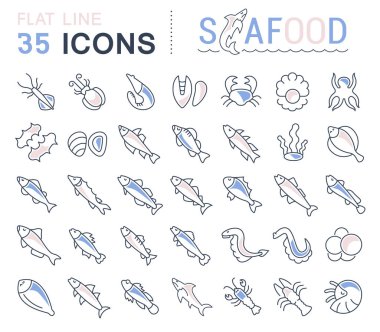 Deniz ürünleri vektör hat Icons set