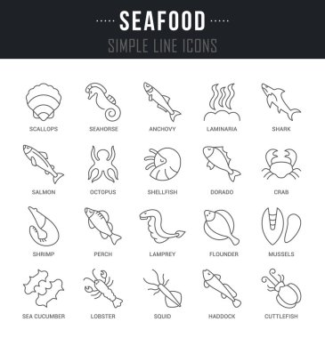 Deniz ürünleri vektör hat Icons set.