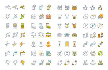 Set vektör düz çizgi simgeler akıllı şehir