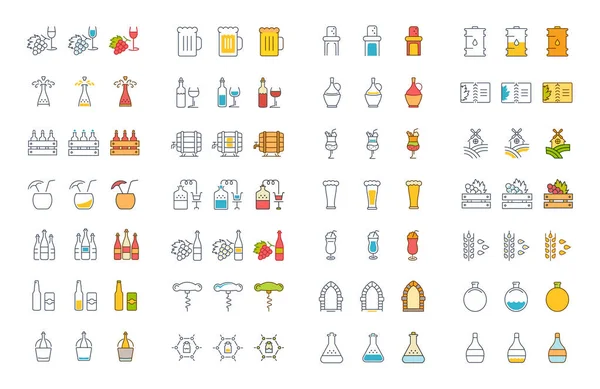 Alkollü içecekler vektör düz çizgi Icons set