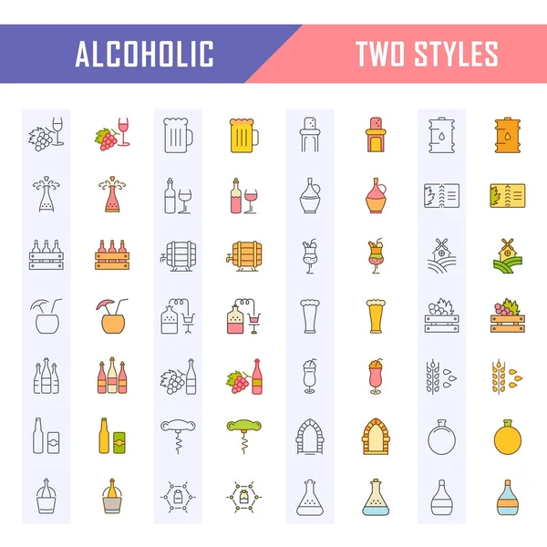 Set Vector Flat Line Icons Alcoholic Drinks — Stock Vector