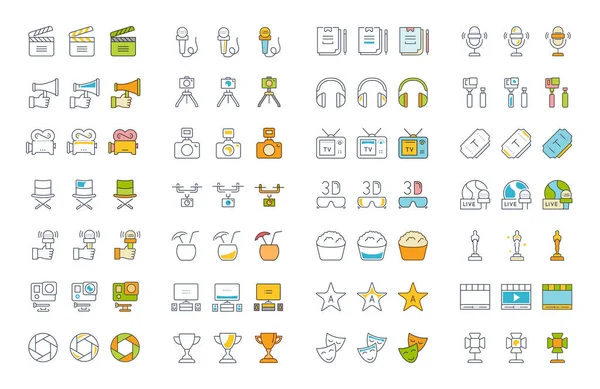 Set vektör düz çizgi simgeler sinema ve filmler