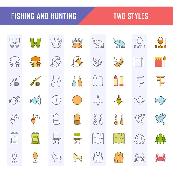 Set Vector Flat Line Icons Fishing and Hunting — Stock Vector