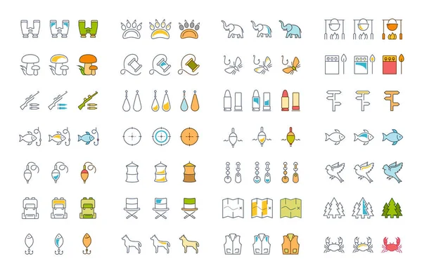 Mantar, balıkçılık ve avcılık vektör düz çizgi Icons set