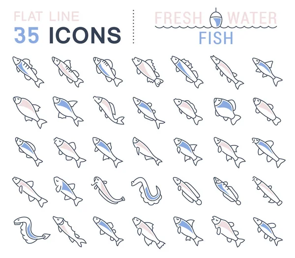 Set Vector Line Icons of Freshwater Fish — Stock Vector
