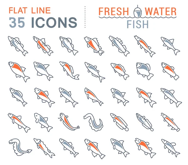 Vektorliniensymbole von Süßwasserfischen setzen — Stockvektor