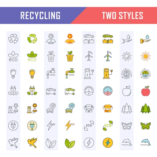 Set Vector Línea Plana Iconos Reciclaje — Vector de stock