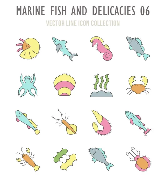 海洋鱼类和美食的复古图标集 — 图库矢量图片