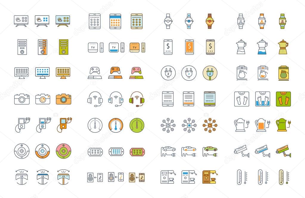 Set vector line icons in flat design appliance, smart devices and gadgets, modern web icons and symbols with elements for mobile concepts and web apps. Collection modern infographic logo and pictogram