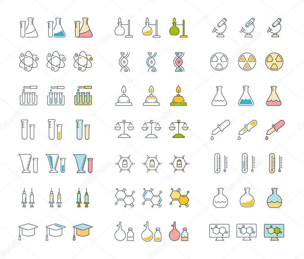Set vector line icons, sign and symbols in flat design chemistry with elements for mobile concepts and web apps. Collection modern infographic logo and pictogram.