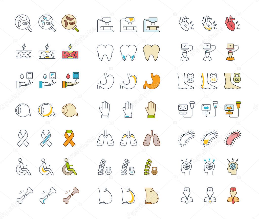 Set vector line icons, sign and symbols in flat design of diseases and ill with elements for mobile concepts and web apps. Collection modern infographic logo and pictogram.