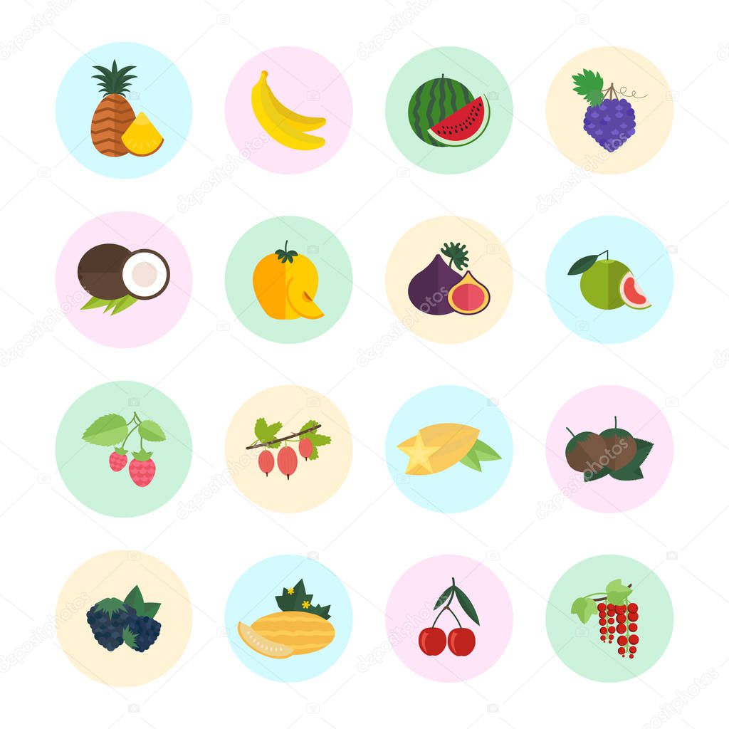Set of vector illustration of fruits. Flat elements on white background.
