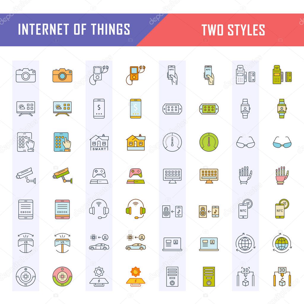 Set vector line icons in flat design internet of things and smart gadgets with elements for mobile concepts and web apps. Collection modern infographic logo and pictogram.