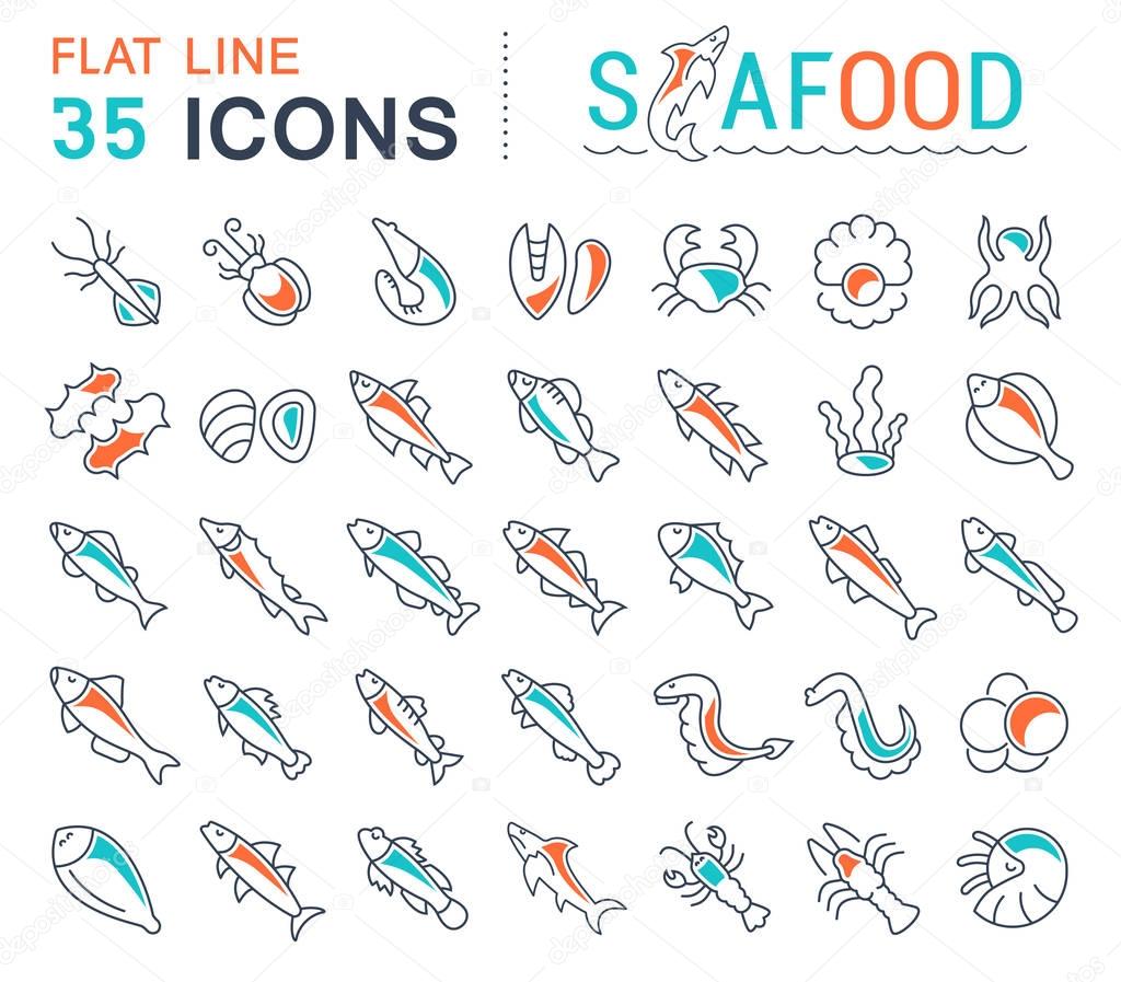 Set of vector line icons, sign and symbols with flat elements of seafood for modern concepts, web and apps. Collection of infographics logos and pictograms.
