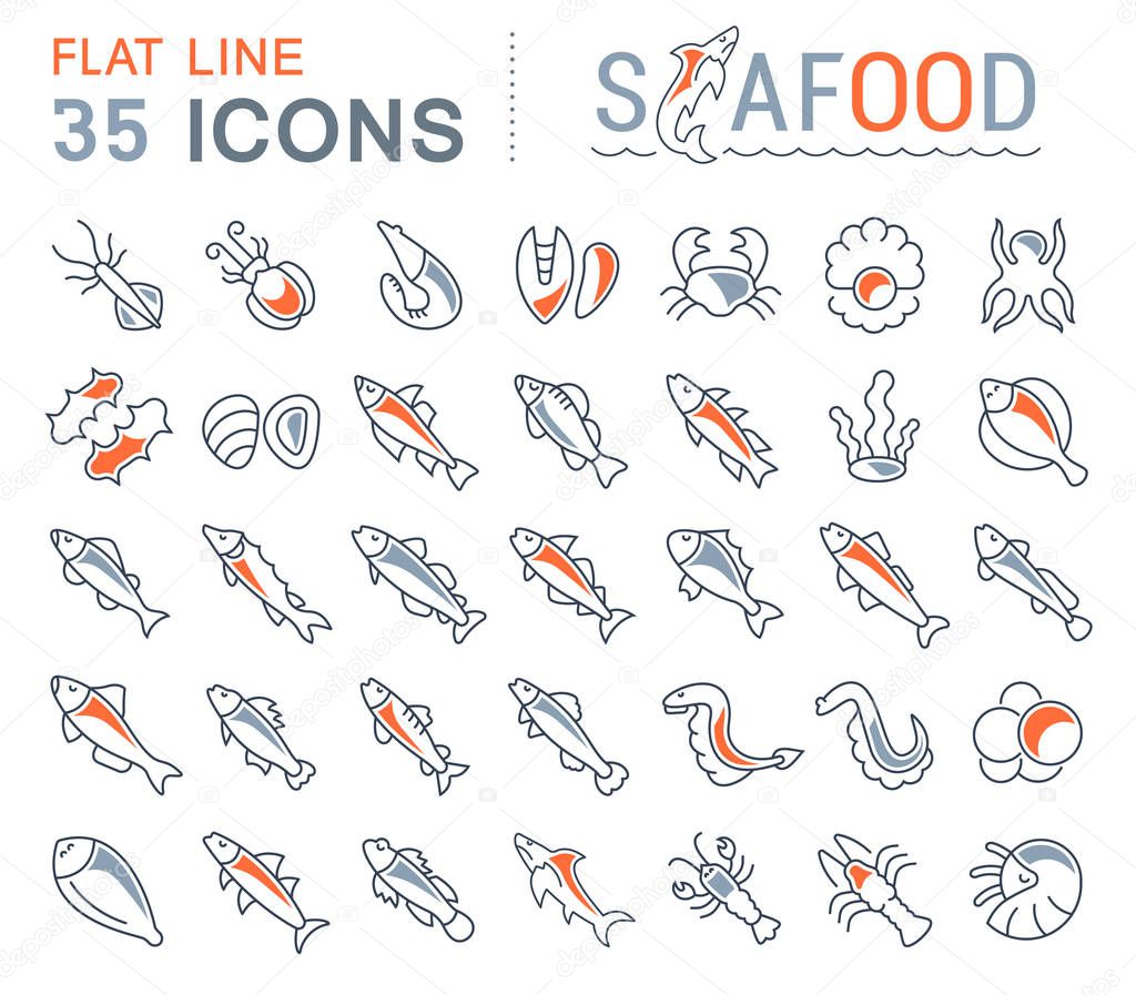 Set of vector line icons, sign and symbols with flat elements of seafood for modern concepts, web and apps. Collection of infographics logos and pictograms.