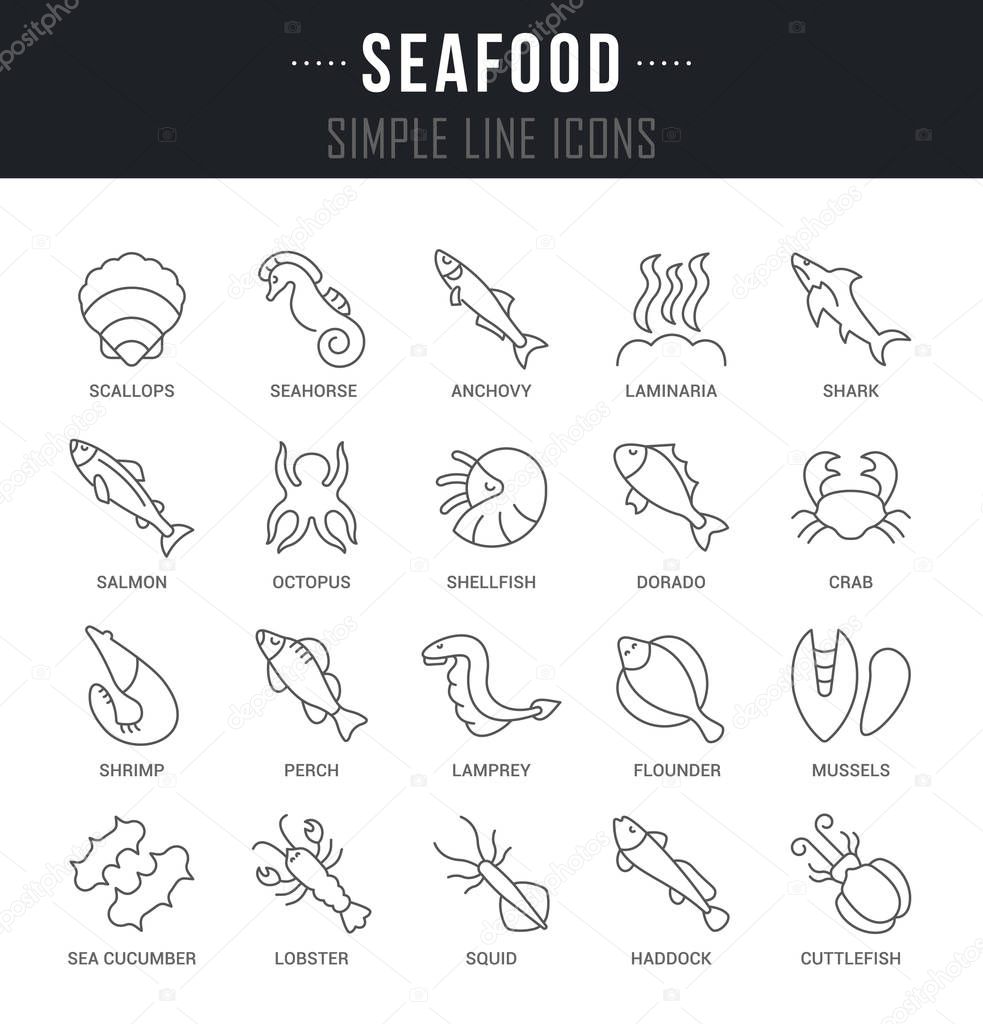 Set of outline signs and symbols of seafood with names. Collection vector thin line icons and infographics elements. Simple linear pictogram pack for web graphics and apps.