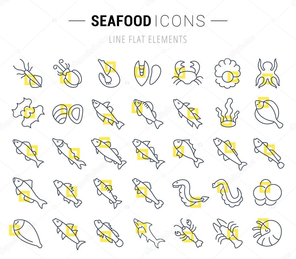 Set of vector line icons and signs with yellow squares of seafood for excellent concepts. Collection of infographics logos and pictograms.