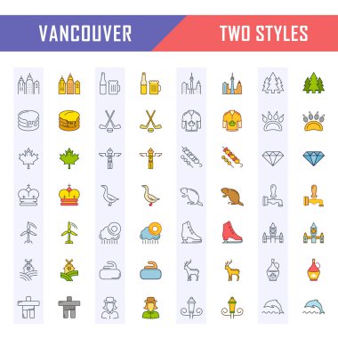 Vektör düz çizgi Icons Set Vancouver ve Kanada