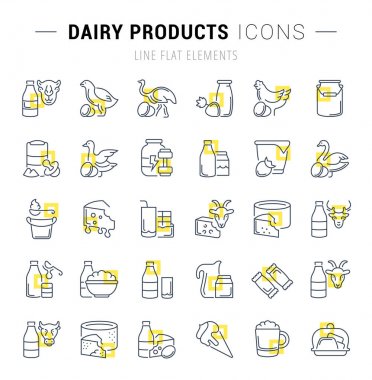 Set of vector line icons and signs with yellow squares of dairy products for excellent concepts. Collection of infographics logos and pictograms. clipart