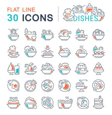 Modern kavramlar, web ve uygulamalar için çanak antenlerin düz elemanları olan vektör çizgisi simgeleri, işaret ve semboller. Bilgi grafikleri logoları ve piktogramlar koleksiyonu.