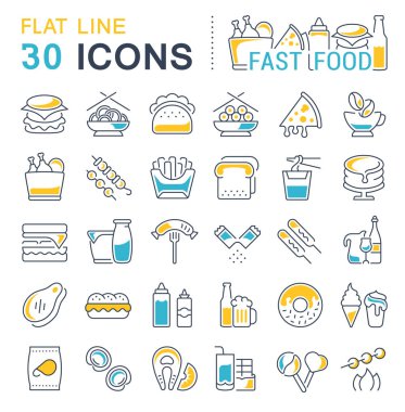 Modern kavramlar, web ve uygulamalar için düz yiyecek öğeleri içeren vektör çizgisi simgeleri, işaret ve semboller. Bilgi grafikleri logoları ve piktogramlar koleksiyonu.