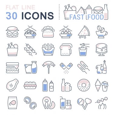 Modern kavramlar, web ve uygulamalar için düz yiyecek öğeleri içeren vektör çizgisi simgeleri, işaret ve semboller. Bilgi grafikleri logoları ve piktogramlar koleksiyonu.
