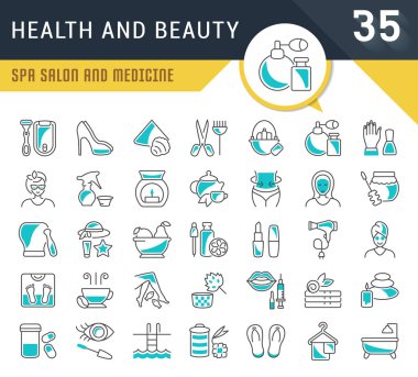 Vektör satır simgeler, işaret ve sembolleri sağlık ve güzellik için modern kavramları, web ve uygulamalar kümesi. İnfographics logolar ve semboller koleksiyonu.