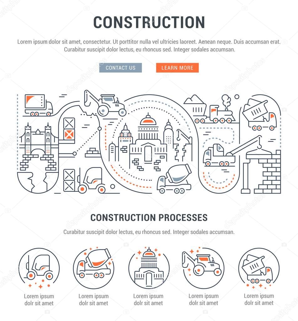 Line illustration of construction. Concept for web banners and printed materials. Template with buttons for website banner and landing page.