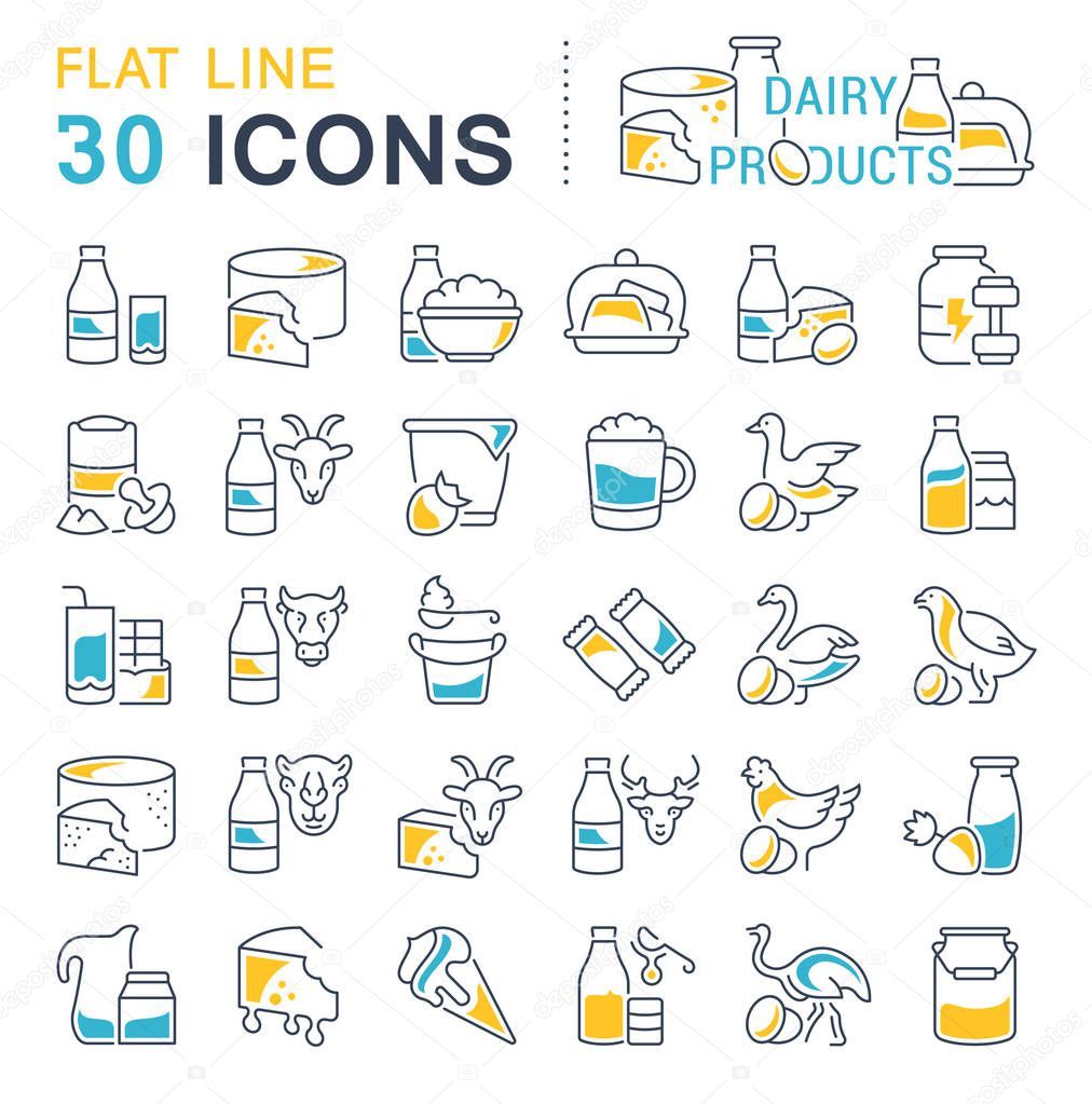 Set of vector line icons, sign and symbols with flat elements of dairy products for modern concepts, web and apps. Collection of infographics logos and pictograms.